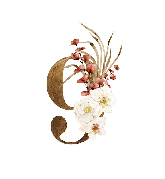 Dígito de número floral 9 com composição de buquê de flores boho Clipart desenhado à mão exclusivo