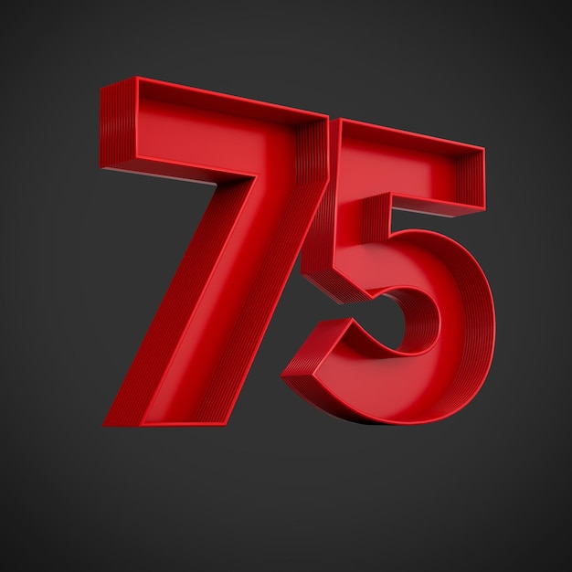 Dígito de publicidade vermelho 75 ou setenta e cinco com ilustração 3d de sombra interna