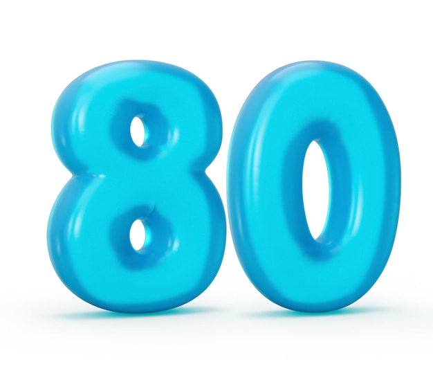 Dígito de gelatina azul 80 Ochenta aislado sobre fondo blanco Números de alfabetos coloridos de gelatina para niños