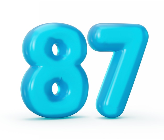 Dígito de gelatina azul 87 Ochenta y siete aislado sobre fondo blanco Números de alfabetos coloridos de gelatina