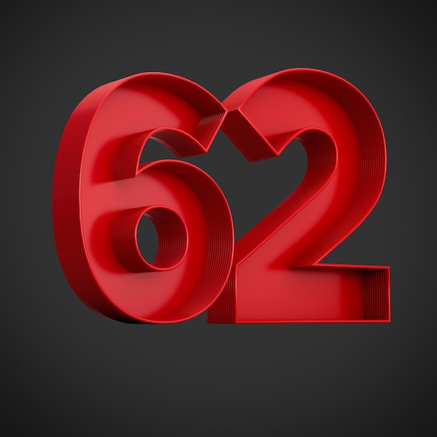 Dígito publicitario rojo 62 o sesenta y dos con ilustración 3d de sombra interior
