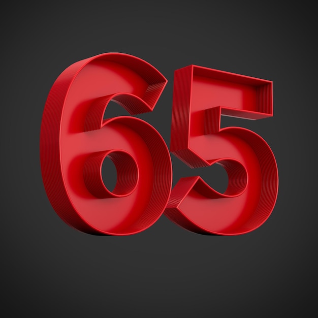 Dígito publicitario rojo 65 o sesenta y cinco con ilustración 3d de sombra interior