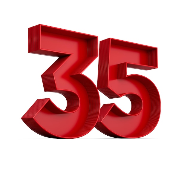 Dígito rojo 35 o treinta y cinco con sombra interior aislado en blanco ilustración 3d