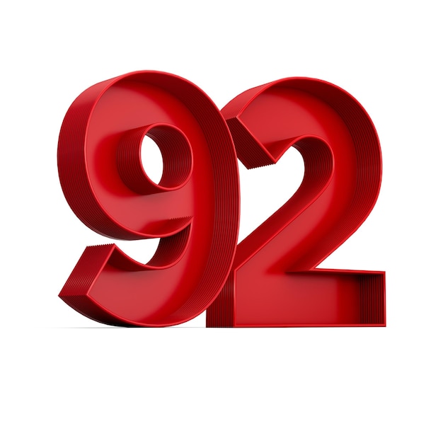 Dígito rojo 92 o noventa y dos con sombra interior aislado sobre fondo blanco ilustración 3d
