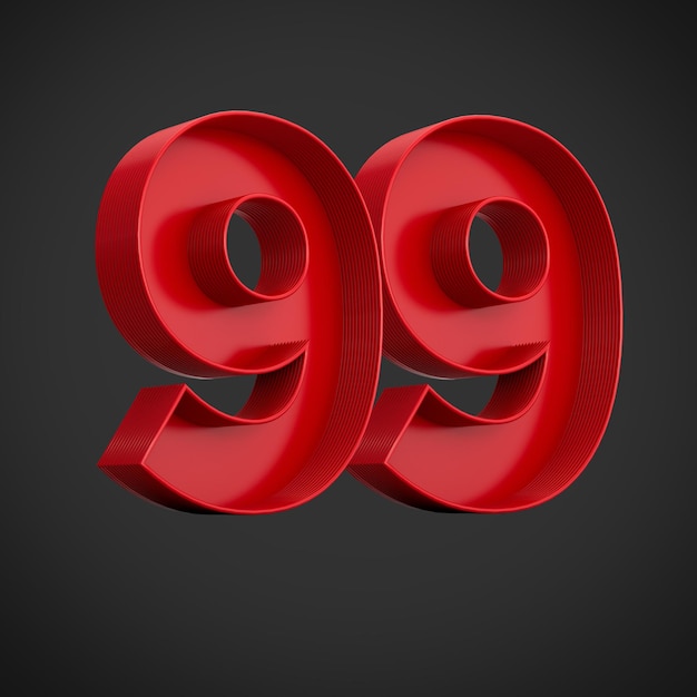 Dígito vermelho 99 ou nonagésimo nono com sombra interna isolada na ilustração 3d de fundo branco