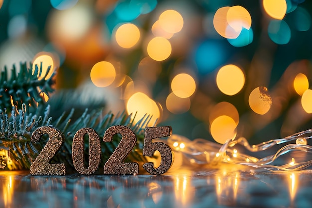 Dígitos rodeados de decoraciones navideñas para la celebración del año nuevo
