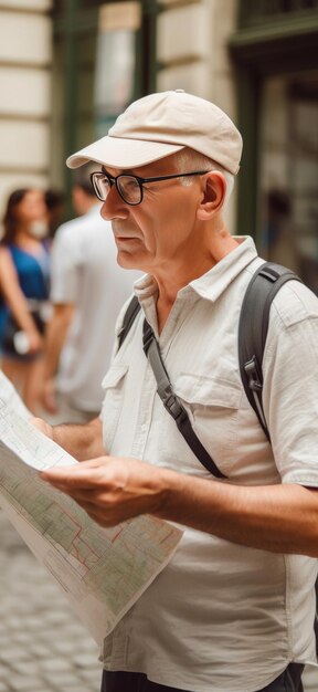 Foto dilema de destino el turista lucha con las direcciones ai generativa