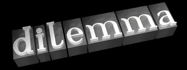 Dilema metal tipografía palabra aislada sobre fondo negro
