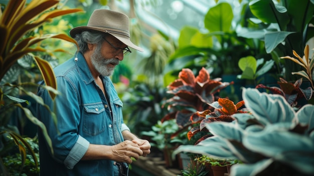 Un diligente botánico examinando una variedad de plantas exóticas en un hermoso invernadero