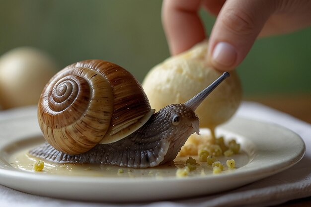 Foto diligente panadero de caracoles que mezcla el pastel despacio y constante