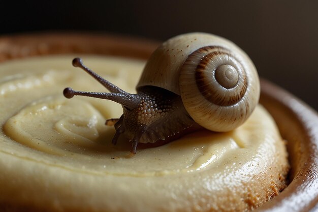 Foto diligente panadero de caracoles que mezcla el pastel despacio y constante