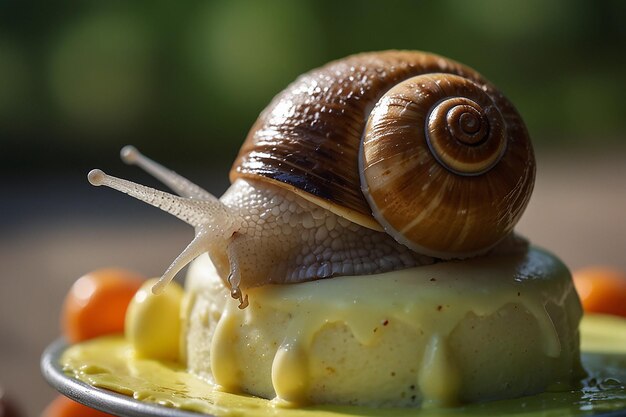 Foto diligente panadero de caracoles que mezcla el pastel despacio y constante