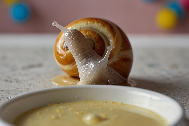 Foto diligente panadero de caracoles que mezcla el pastel despacio y constante