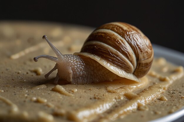 Foto diligente panadero de caracoles que mezcla el pastel despacio y constante