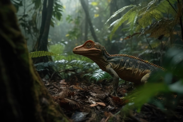 Dilophosaurus dinosaur perseguindo sua presa na floresta tropical ai generativa