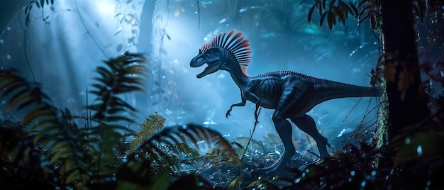 un dilophosaurus solitario siluetado contra la luz de la luna sus crestas coloridas iluminadas por el suave g