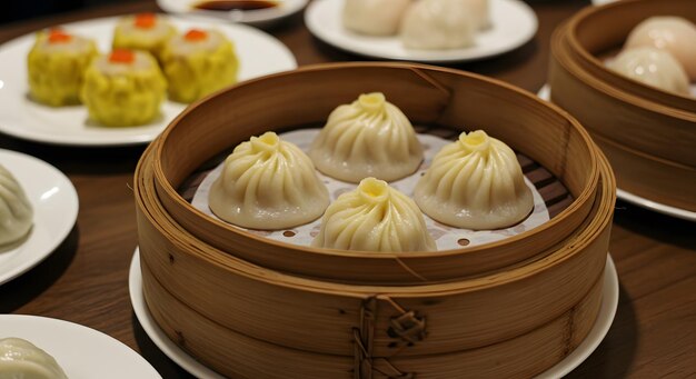 Dim sum un estilo de cocina china la comida se sirve en cestas de vapor o en platos pequeños