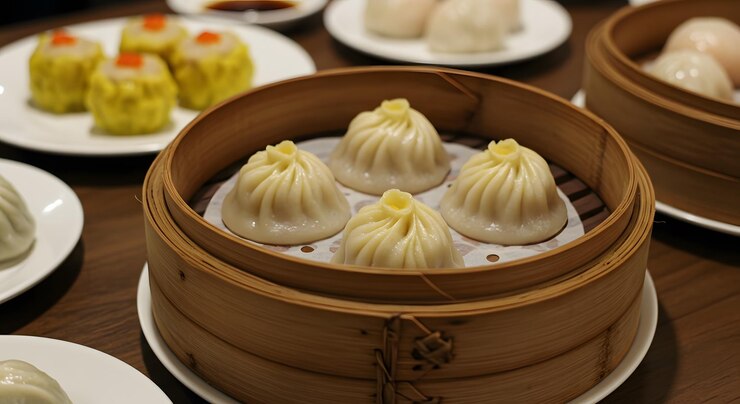 Dim sum un estilo de cocina china la comida se sirve en cestas de vapor o en platos pequeños