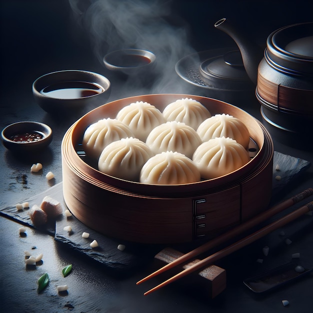 Dim sum realista na cozinha escura.