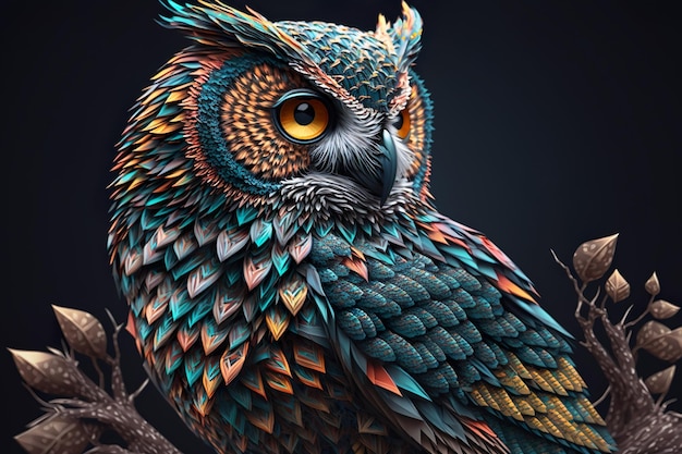 Dimensional Owl Art Una obra maestra en 3D con hermosos ojos y colores Ilustración generada por IA