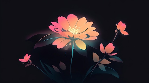 Diminua o zoom da flor artística com luz neon em fundo escuro