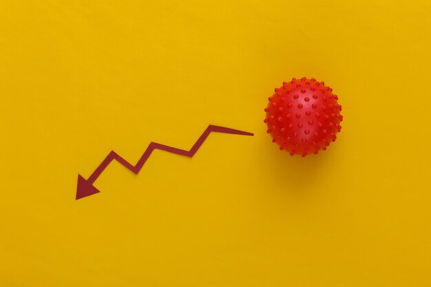 Diminuição da dinâmica global de infecção e mortalidade de covid-19. Modelo de cepa de vírus e flecha tendendo para baixo em um amarelo