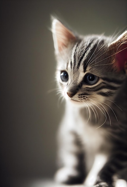 Diminuto, lindo y adorable gatito atigrado gris con fondo negro, iluminación de estudio, adopta un cachorro de raza pura.