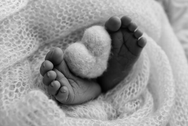 El diminuto pie de un bebé recién nacido Pies suaves de un recién nacido en una manta de lana Primer plano de los dedos de los pies talones y pies de un recién nacido Corazón tejido en las piernas del bebé Fotografía macro Blanco y negro