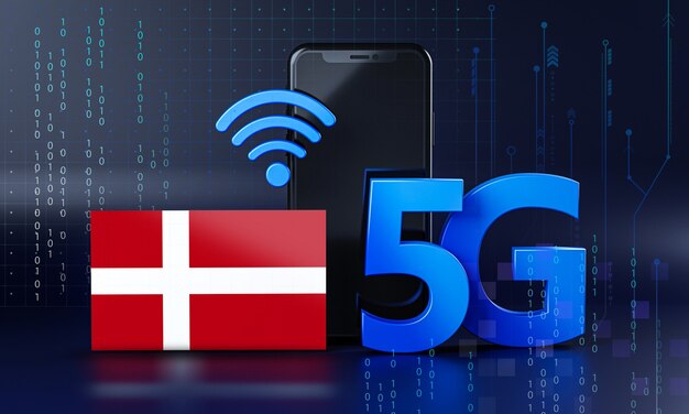 Dinamarca lista para el concepto de conexión 5G. Fondo de tecnología de teléfono inteligente de renderizado 3D