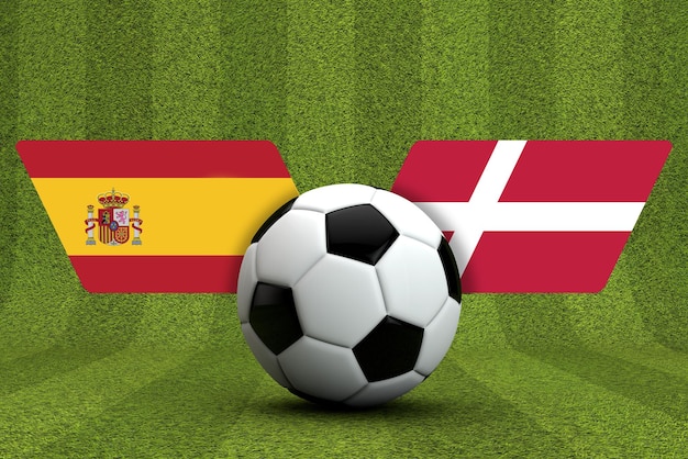 Dinamarca vs Espanha jogo de futebol bandeiras nacionais com renderização de futebol d