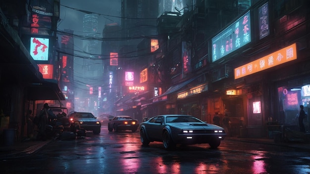 una dinámica y arenosa calle de la ciudad cyberpunk con letreros de neón vehículos futuristas un bullicioso urbano