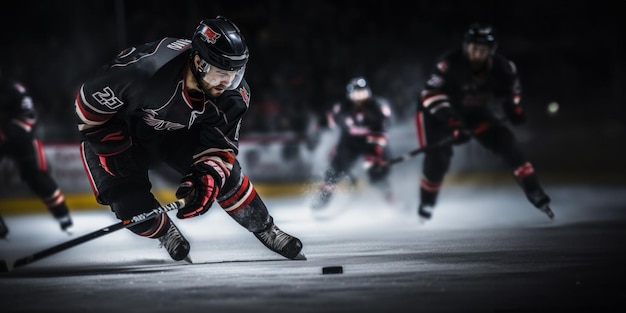 Dinámica cautivadora del hockey: el retrato de un jugador en el fondo de la pista de hielo.