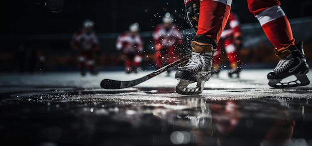 Foto dinámica cautivadora del hockey: el retrato de un jugador en el fondo de la pista de hielo.