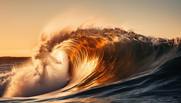 Foto dinâmica e vibrante onda do oceano batendo e caindo graciosamente na encantadora hora do pôr-do-sol
