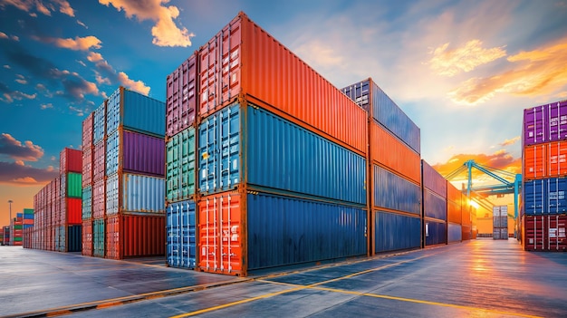 Foto dinámica del puerto marítimo contenedores de carga apilados en el área de almacenamiento que ilustran la exportación, la importación y la entrega nacional
