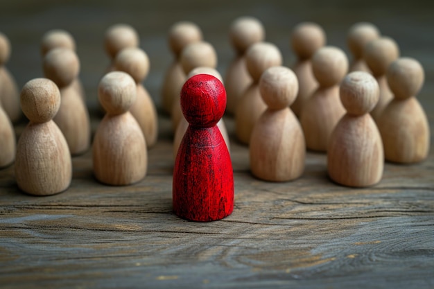 Dinámica social muñeca de madera roja rodeada que transmite discusiones o liderazgo