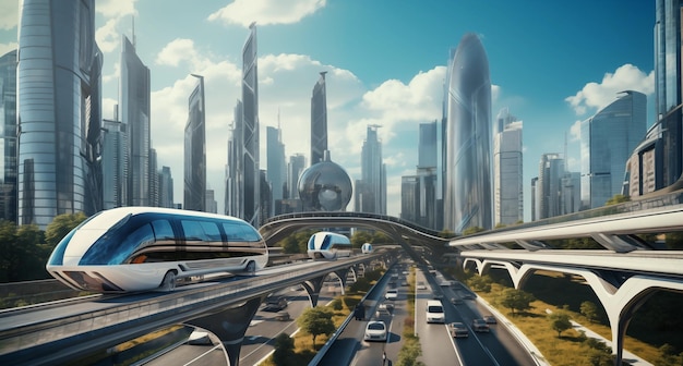 Dinámica urbana verde Ciudad futurista con sistemas de transporte ecointeligentes