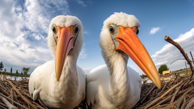 Dinámico y exagerado Dos pájaros en un nido capturados con una lente de ojo de pez