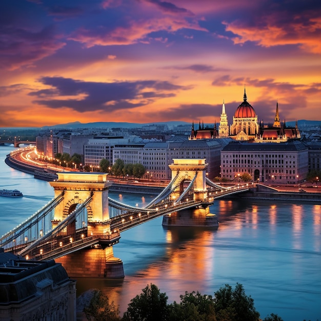 El dinámico paisaje urbano de Budapest al anochecer