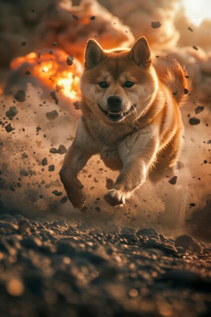 Foto dinámico perro shiba inu corriendo enérgicamente con chispas encendidas en el fondo del atardecer mascota enérgica