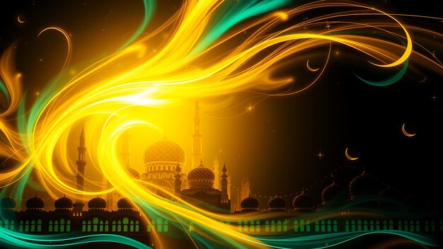 Dinámicos remolinos de oro y luz turquesa que forman formas abstractas de mezquitas y medias lunas en un dar