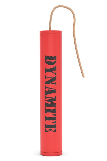 Foto dinamita roja con signo de dinamita sobre un fondo blanco.
