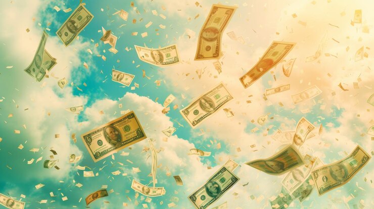 Dinero cayendo del cielo fondo texturizado color pastel grano de película
