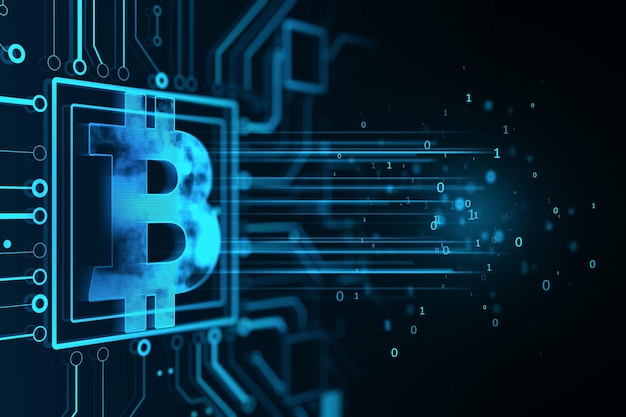 Dinero digital y concepto de intercambio de criptomonedas con icono de bitcoin azul digital en microcircuito sobre fondo tecnológico oscuro Representación 3D