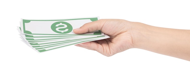 Foto dinero en efectivo en manos aislado sobre fondo blanco.
