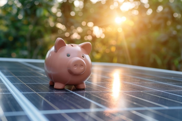 Foto el dinero de la energía solar ahorrando una caja de dinero de la alcancía en un panel de energía solar