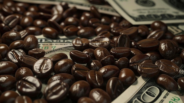 Foto dinero estadounidense cubierto con granos de café de cerca