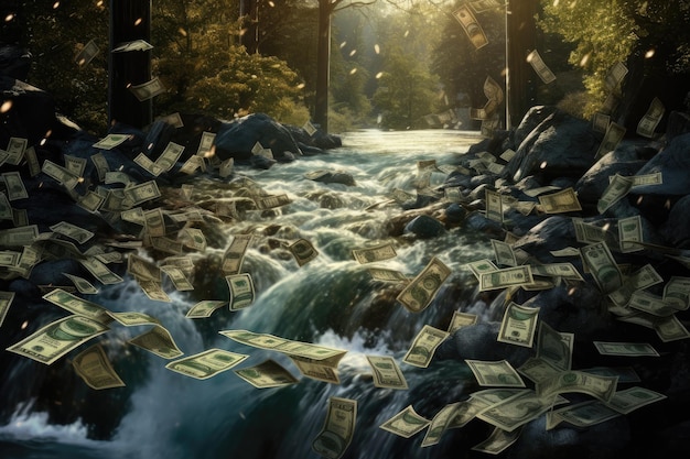 Dinero flotante sobre el río Riqueza cascadas río abajo en una hipnotizante exhibición de abundancia Río de dinero concepto de riqueza y abundancia AI generado AI generado