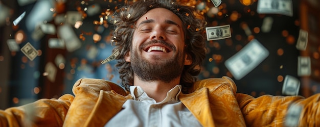 Foto el dinero llueve sobre un empresario encantado