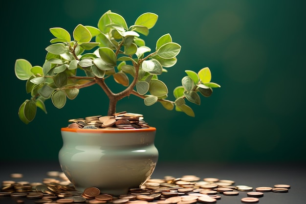 Dinero o árbol de la suerte crassula con monedas en efectivo dentro de la olla